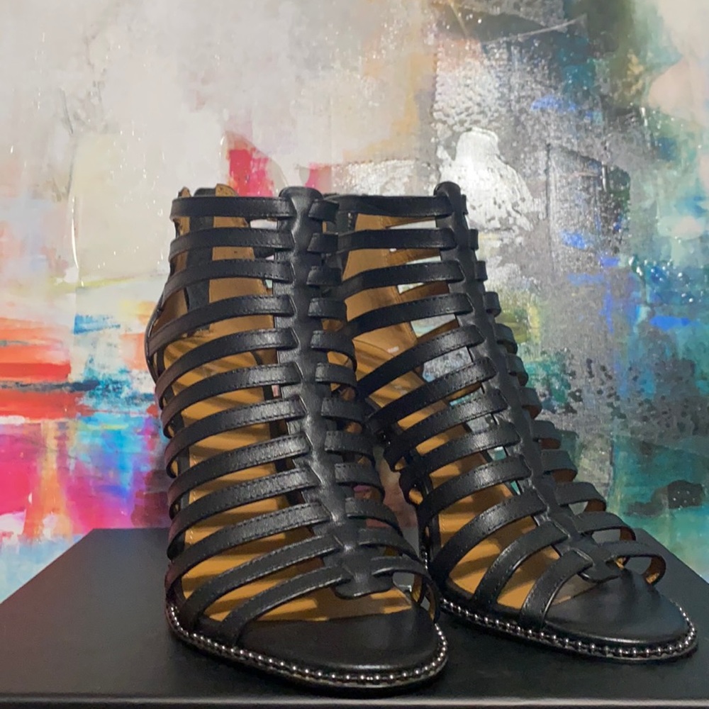 Coach Kia Saddle Leather Gladiator Cage Heels - Black